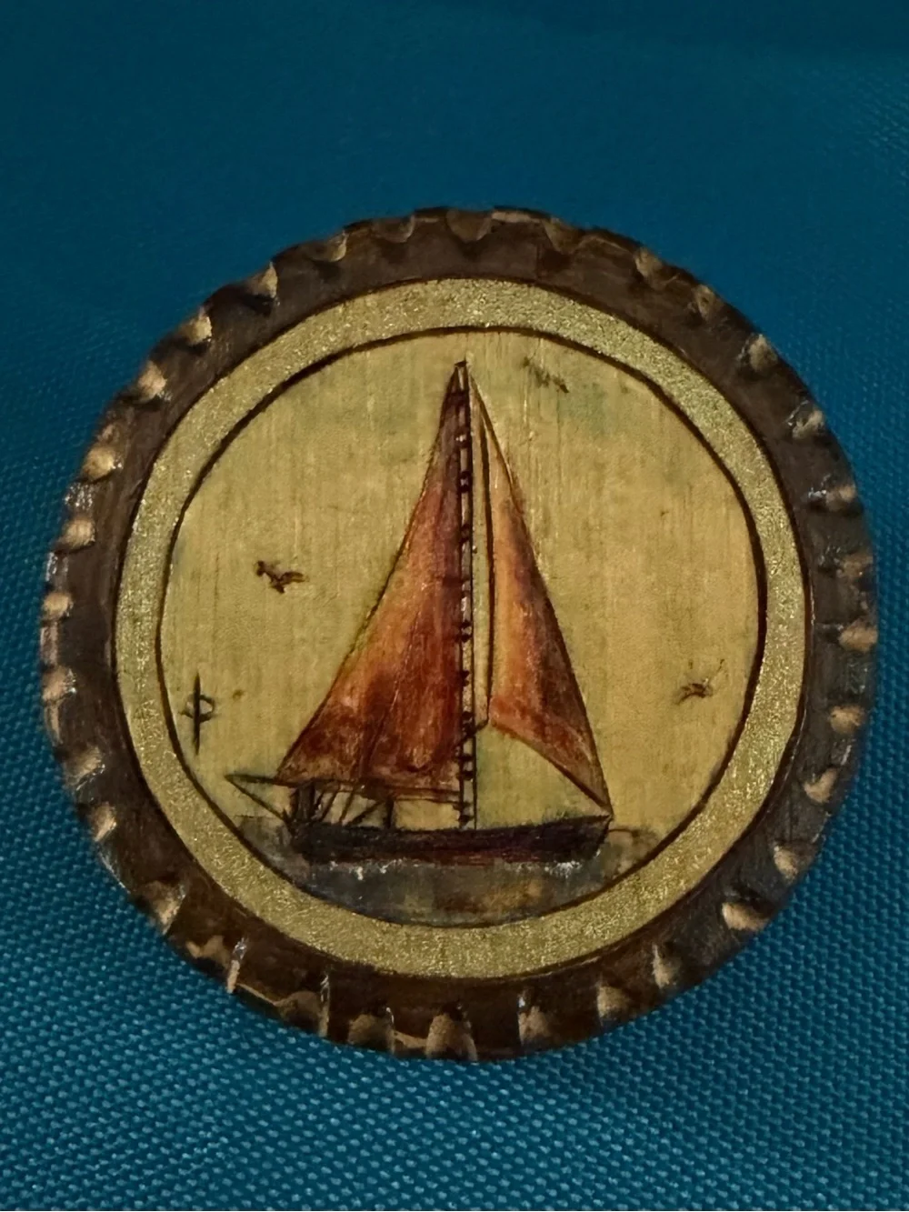 Vintage Sailboat Wood Medallion Pin - Brown & Gold Sail